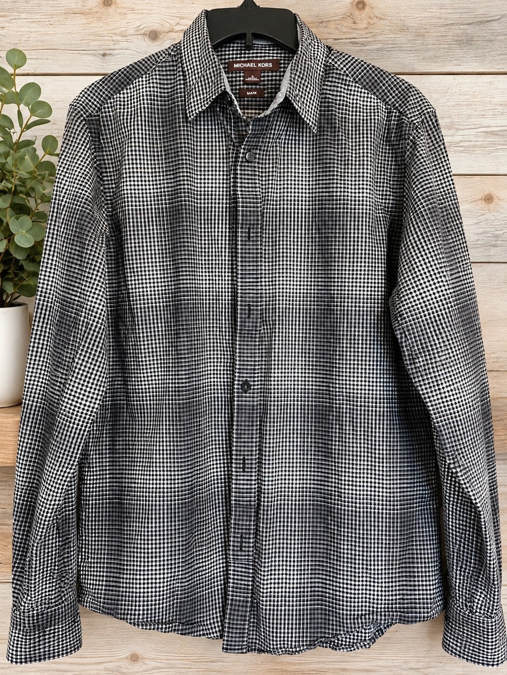 Michael Kors Black & White Micro-Check Button-Down Shirt